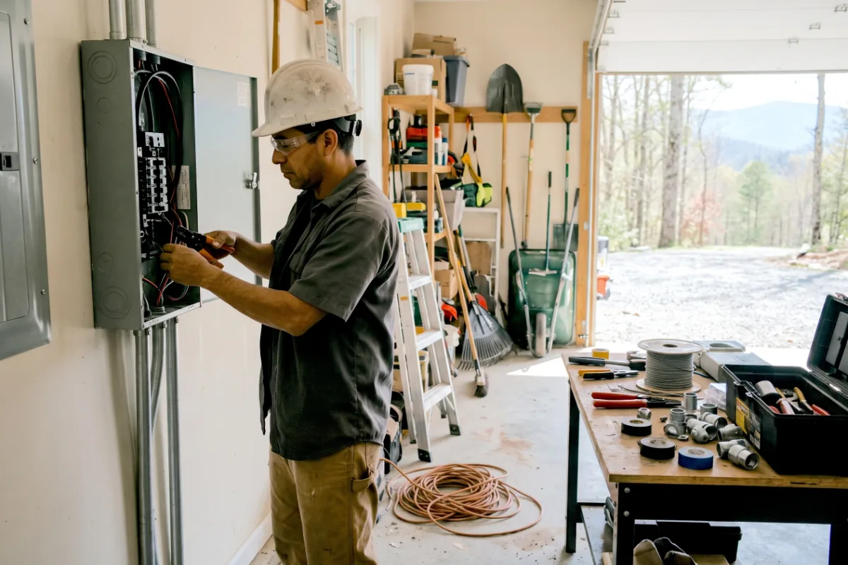 Wiring a home backup system and solar installation A contractor wires an electrical panel inside a home garage, with tools on a workbench and a mountain view visible outside.