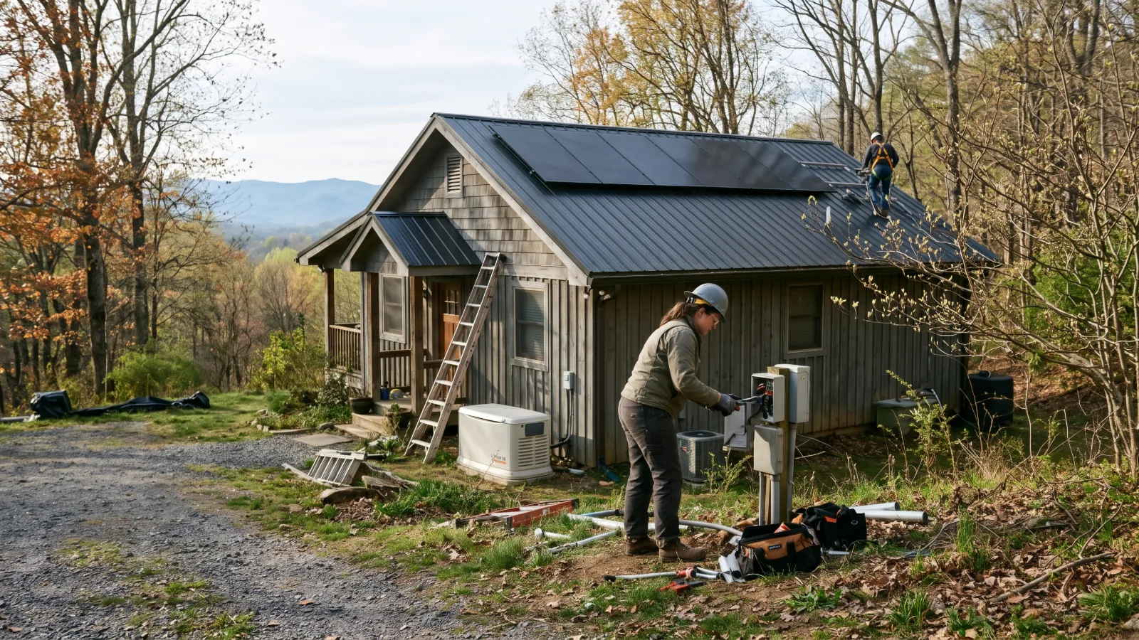 Home backup and solar installation in the mountains A contractor installs electrical components for a home backup system at a mountain cabin with roof solar panels.